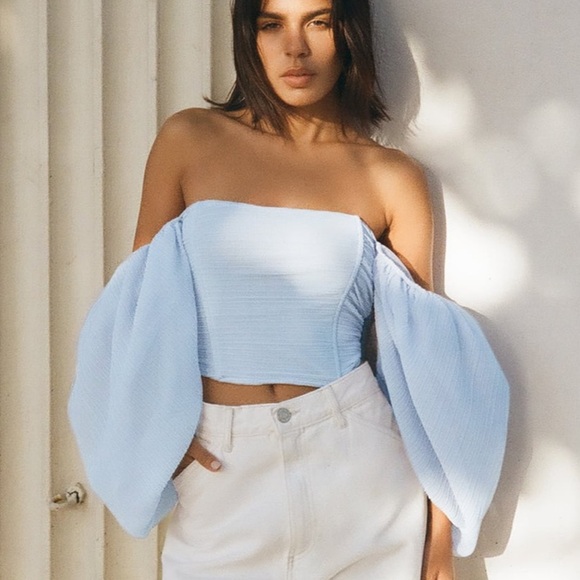 Zara Tops - Zara Organza Top Puff Sleeve - Pastel Blue